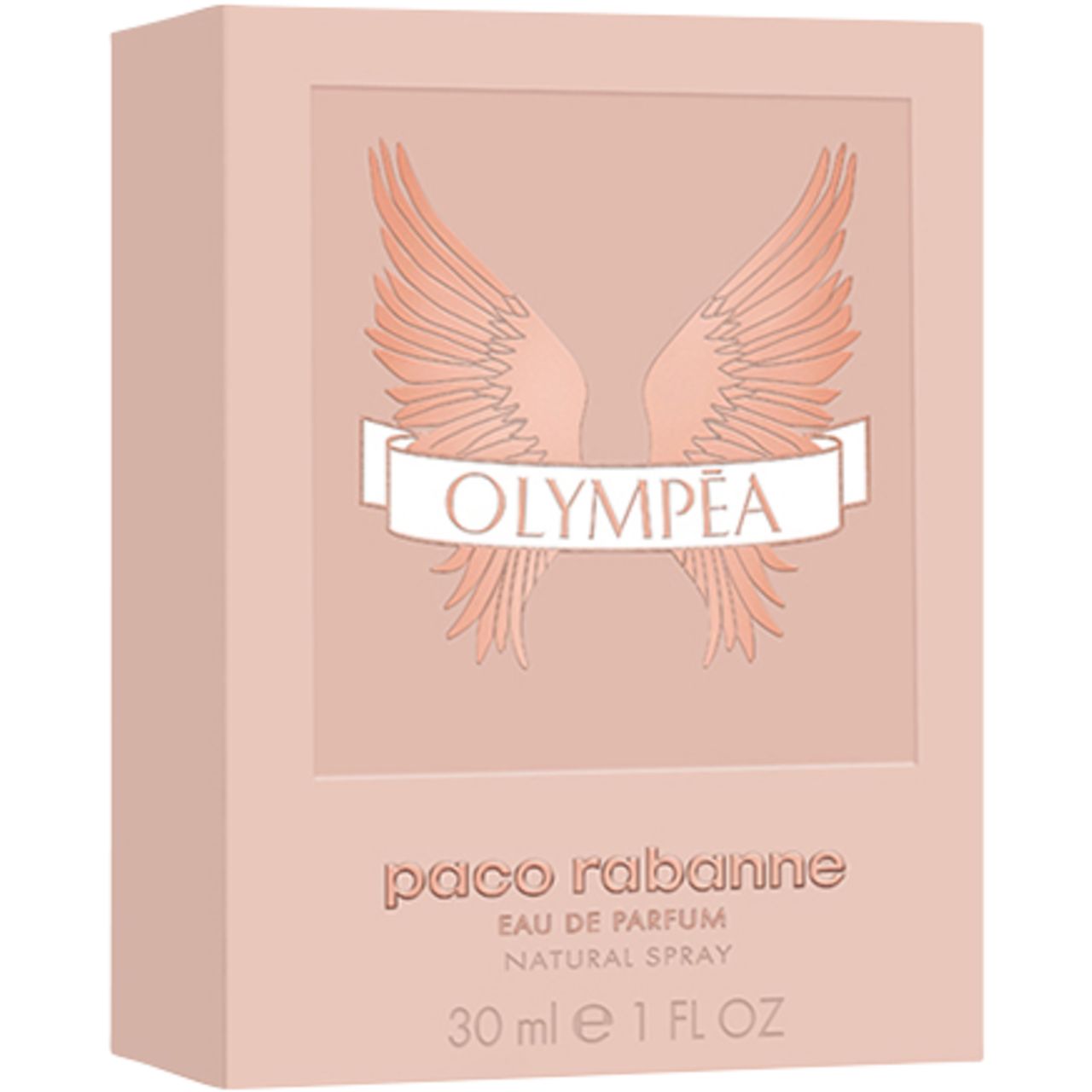 Olympéa E.d.P. Nat. Spray verpakking. Roze verpakking met vleugelmotief en productnaam. 30 ml.