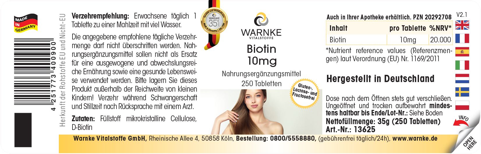 Etiket met productinformatie. Opschrift: WARNKE Biotin 10mg, 250 tabletten. Afbeelding van een vrouw met lang haar. Geproduceerd in Duitsland.