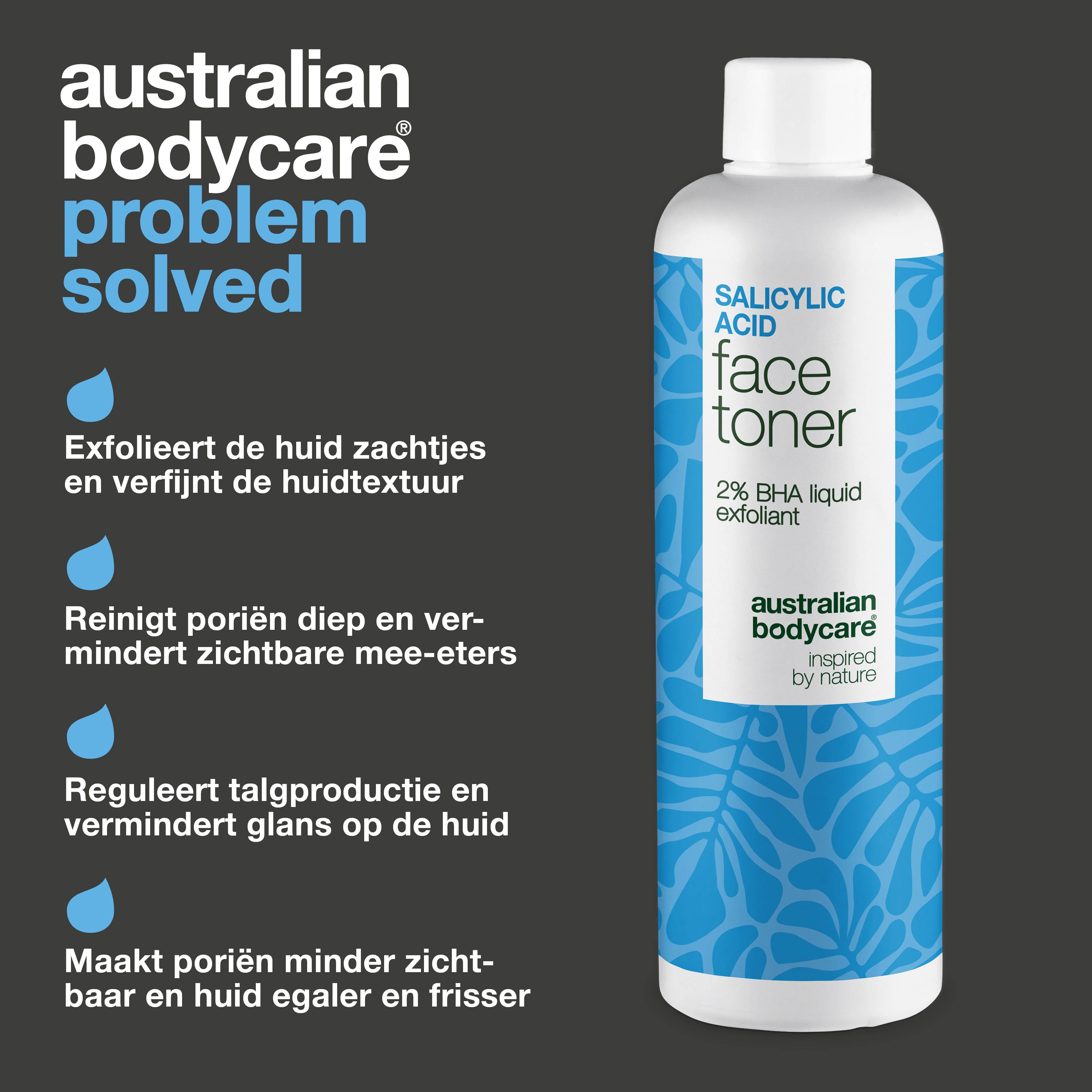 Fles met opschrift: Salicylic Acid Face Toner. Tekst: Exfolieert, reinigt poriën, etc. Achtergrond: donkergrijs.