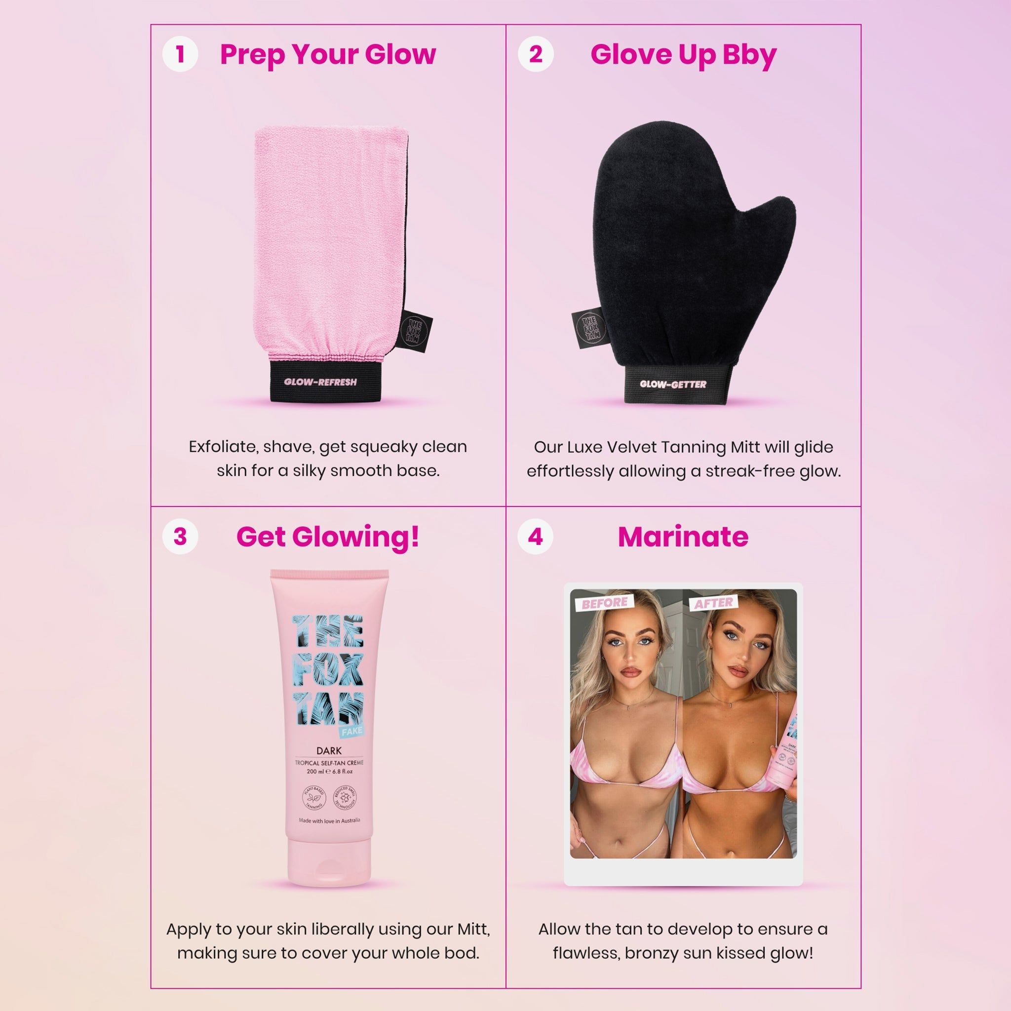 Instructions en quatre étapes. Comprend un gant, un applicateur et un tube. Image avant-après.