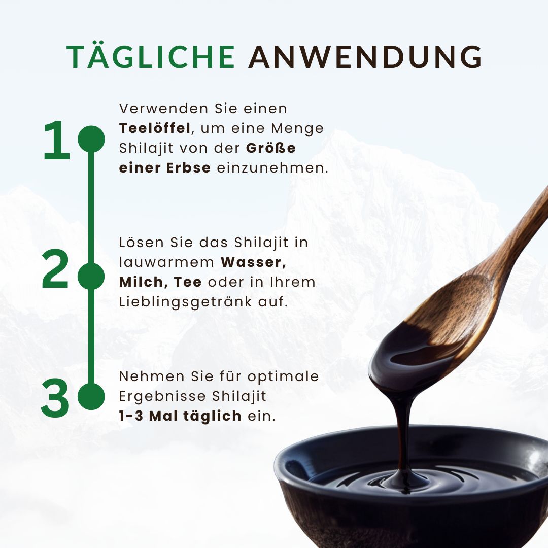 Gebruiksaanwijzing. Shilajit wordt met een lepel ingenomen en opgelost in water, melk of thee. 1-3 keer per dag.