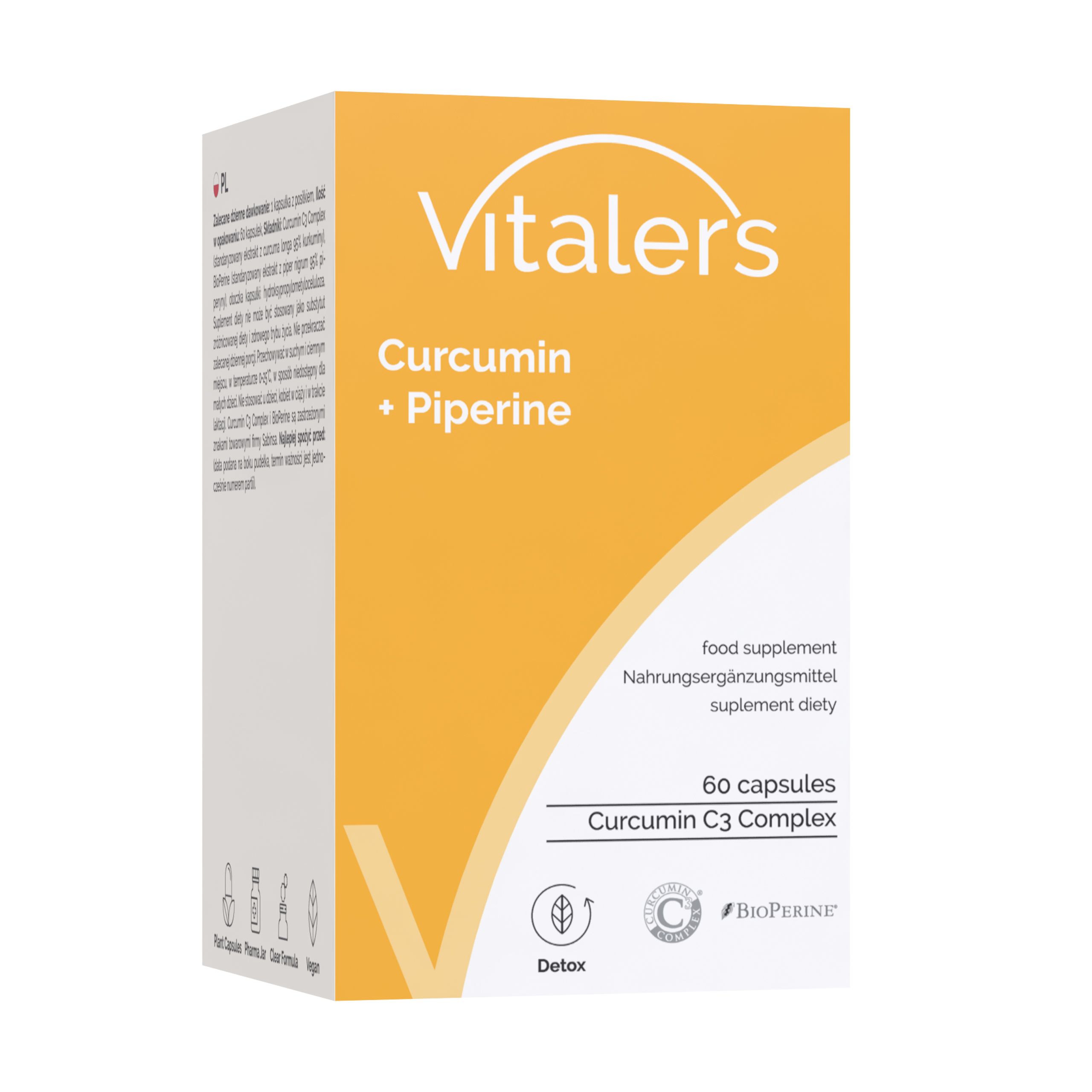 Verpakking van Vitaler's Curcumin + Piperine capsules. Bevat 60 capsules. Voedingssupplement.