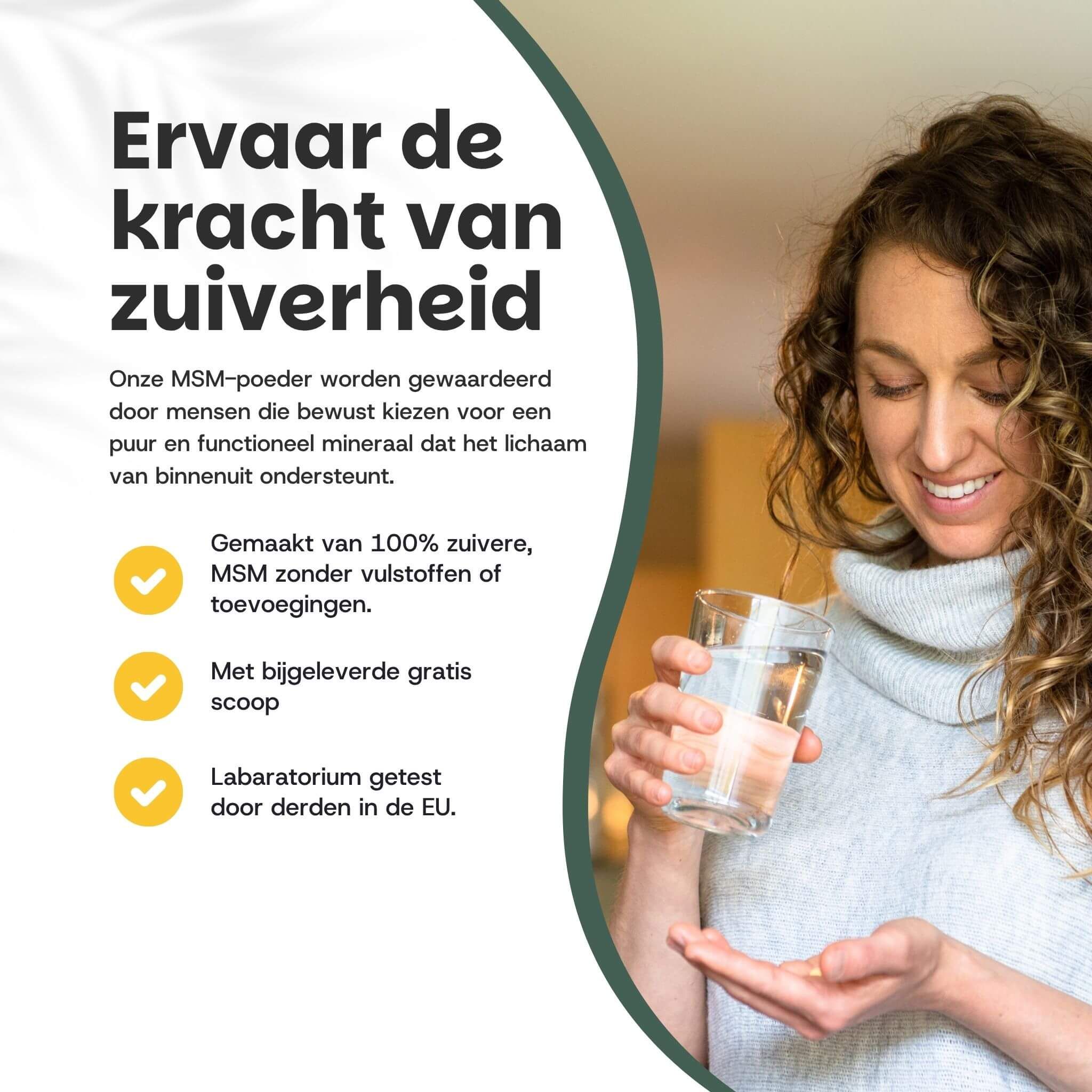Vrouw met glas vloeistof en MSM-poeder. Tekst: 100% pure MSM, zonder toevoegingen, laboratorium getest.