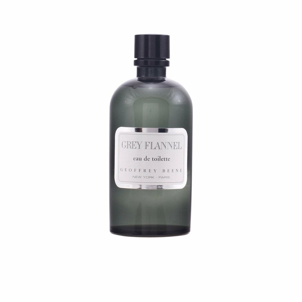 Flacon gris avec étiquette "Grey Flannel eau de toilette" et logo "Geoffrey Beene".