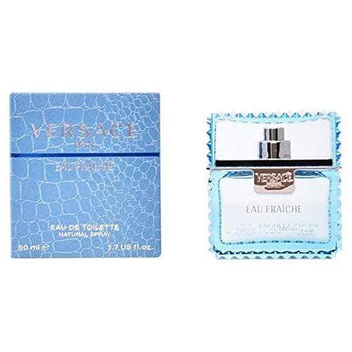 Flacon et boîte de parfum. "Versace Man Eau Fraîche" sur la boîte. Flacon avec bouchon argenté.