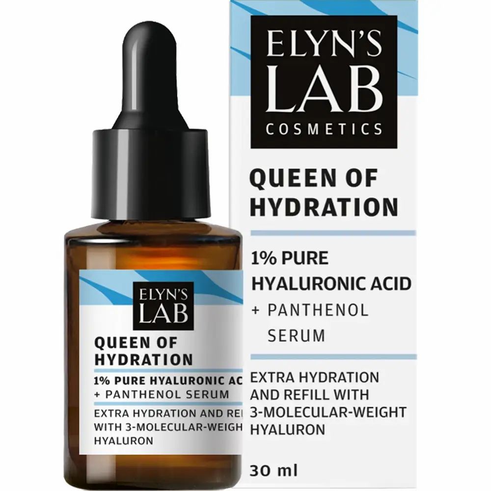 Productfles en verpakking. Fles met pipet en verpakking met "ELYN'S LAB" en "Queen of Hydration".