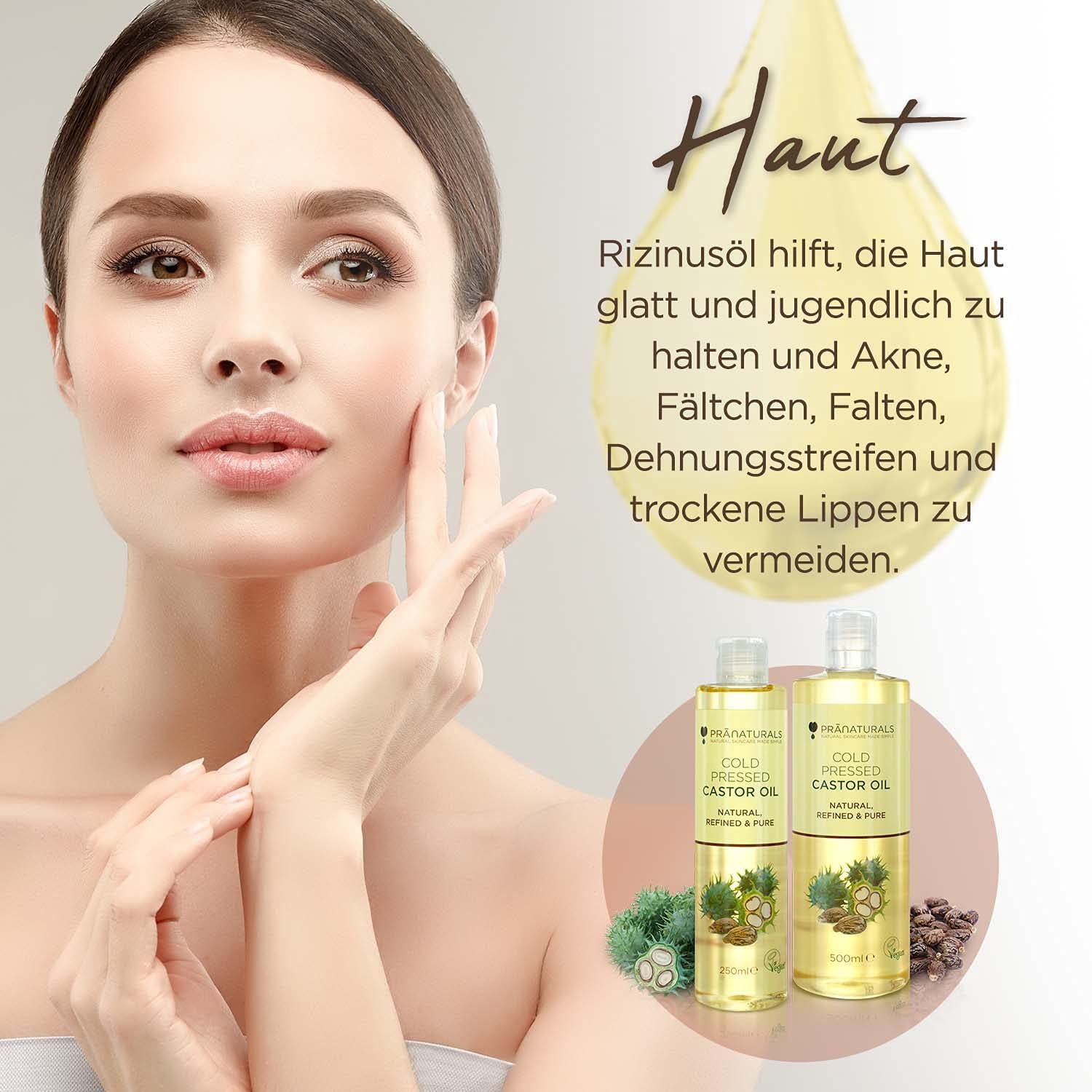 Vrouw raakt haar gezicht aan. Twee PraNaturals ricinusolieflesjes. Tekst: ricinusolie voor gladde huid, tegen acne, rimpels.