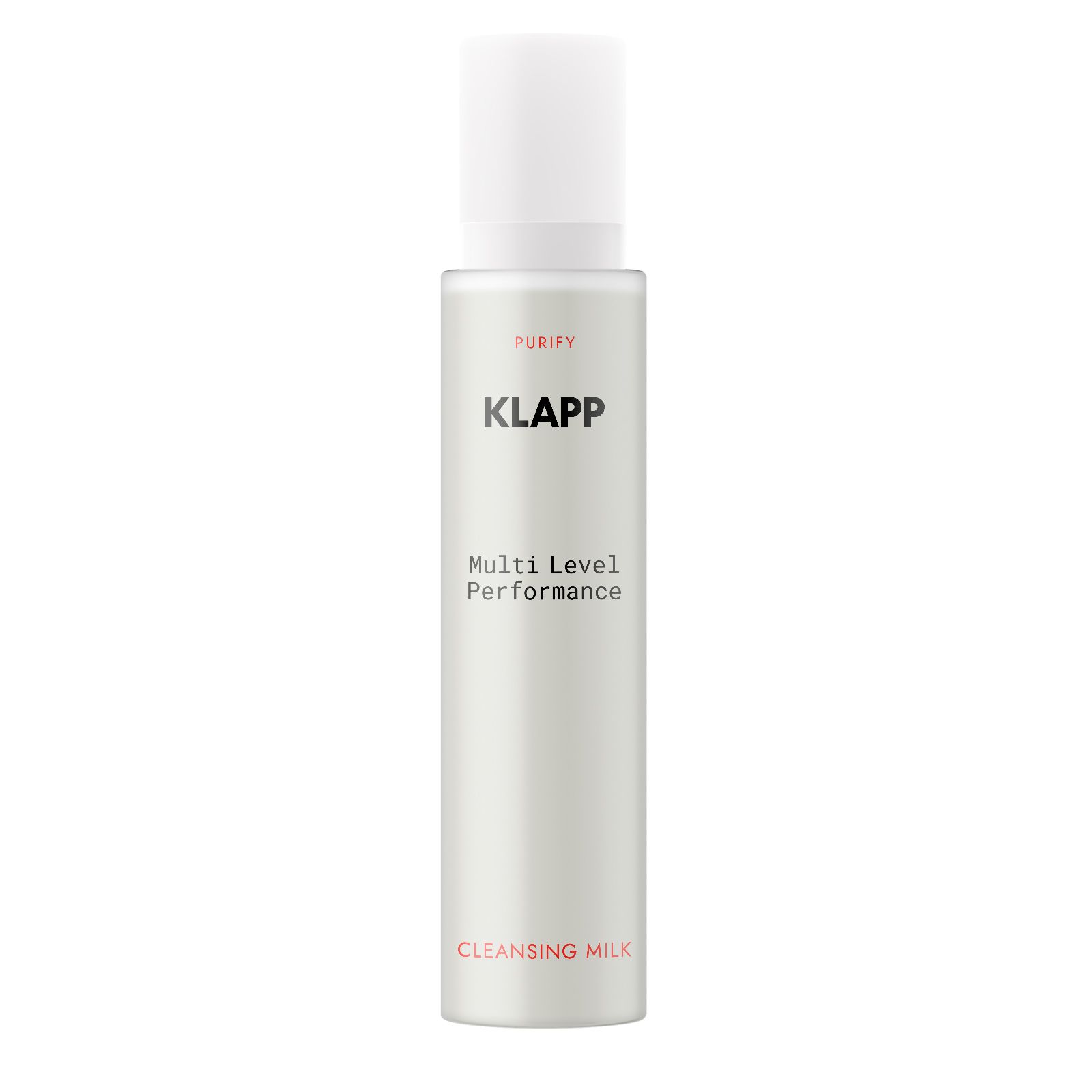 Klapp Multi Level Performance Cleansing Milk. Witte fles met witte dop. Bevat PURIFY, KLAPP, CLEANSING MILK.