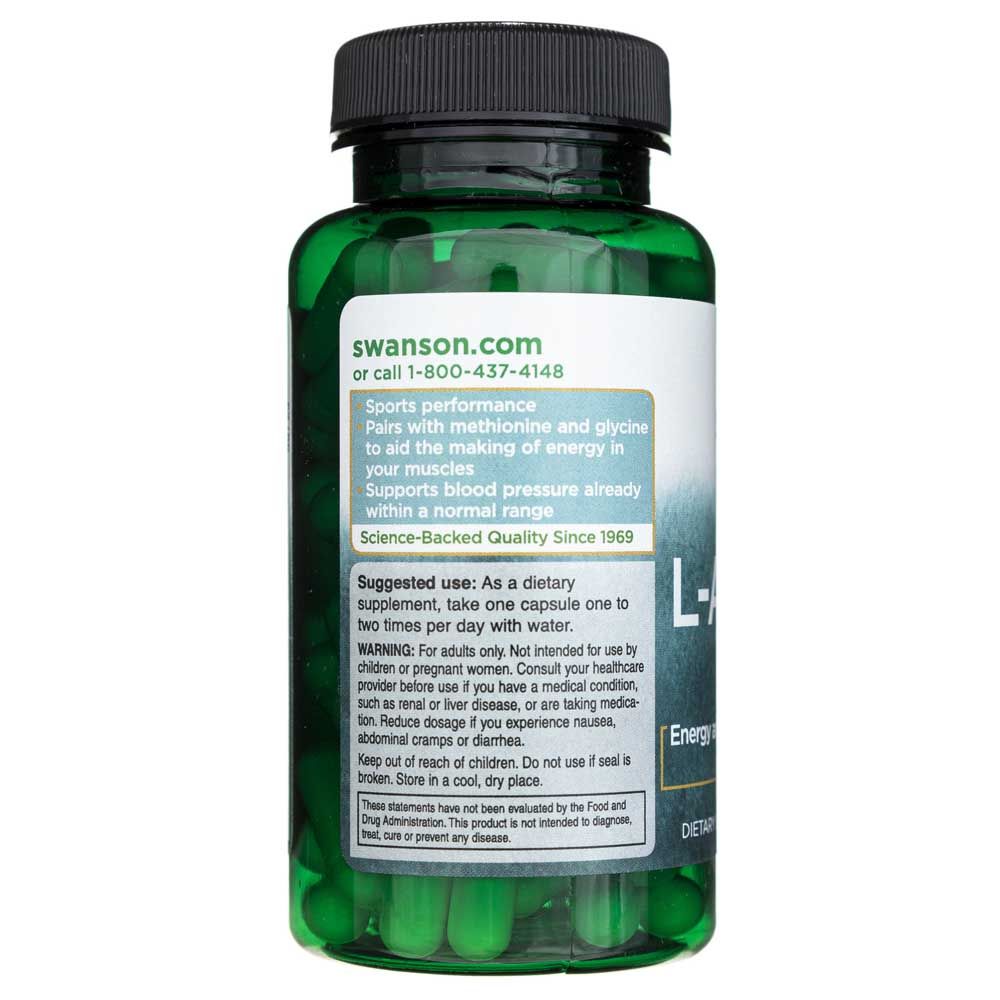 Groene fles L-Arginine capsules, achterkant met gebruiksinstructies en productinformatie.