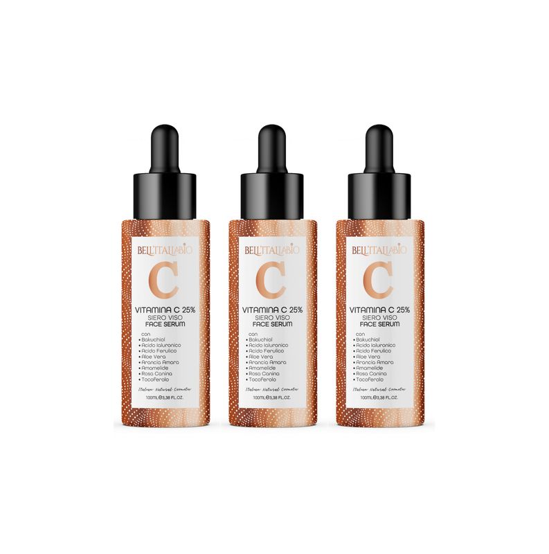 Drie flacons gezichtsserum met zwarte pipet. Opschrift: Vitamine C 25%.