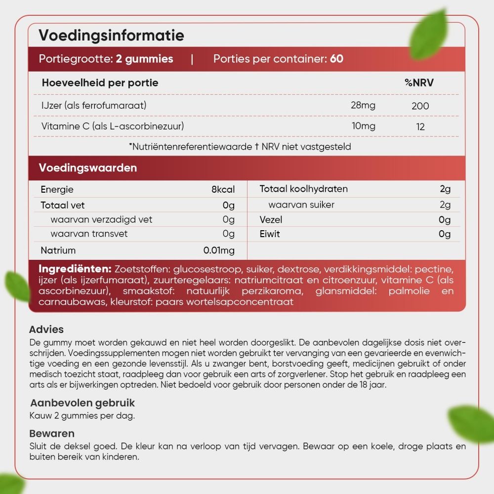 WeightWorld IJzer & Vitamine C Gummies. Een fles, gummyberen en informatie worden afgebeeld.