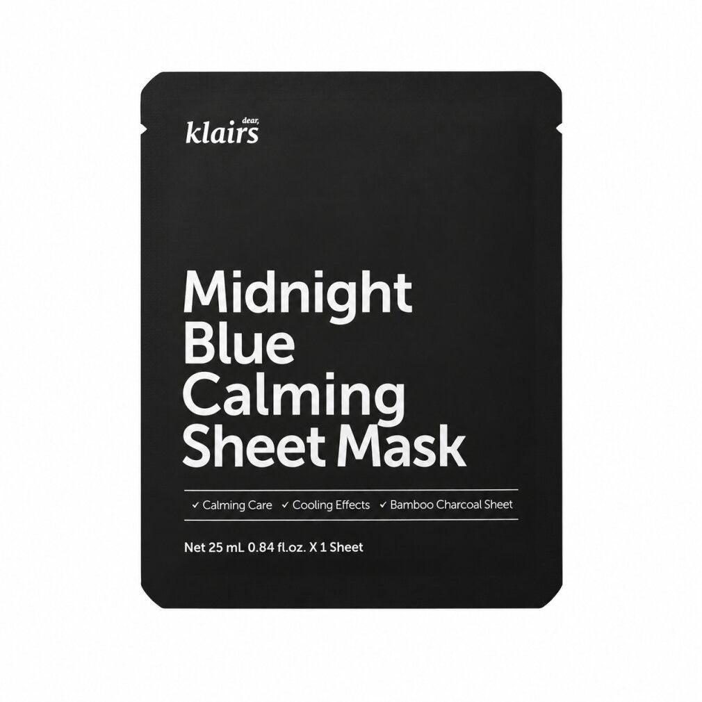 Emballage du masque Klairs Midnight Blue Calming Sheet Mask avec texte.