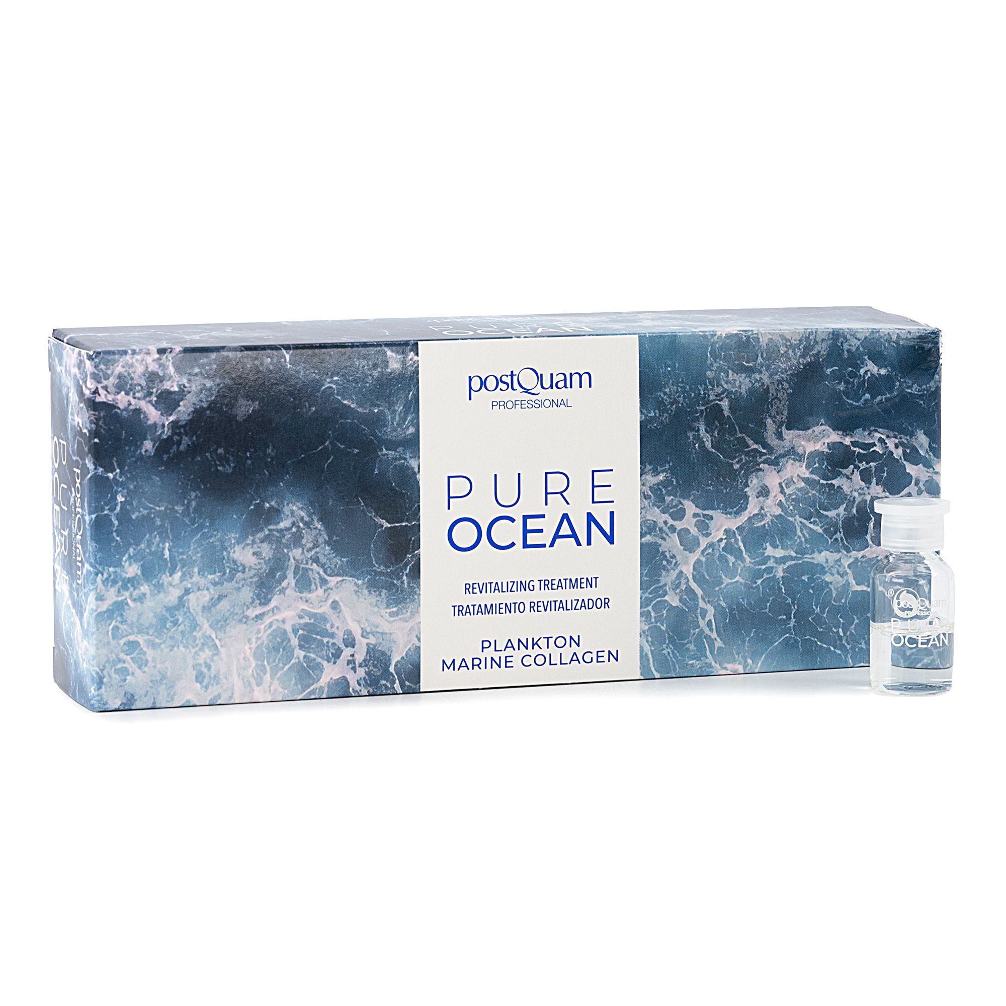 Boîte en carton avec texte "postQuam" et "PURE OCEAN". Contient une ampoule. Motif marin en arrière-plan.