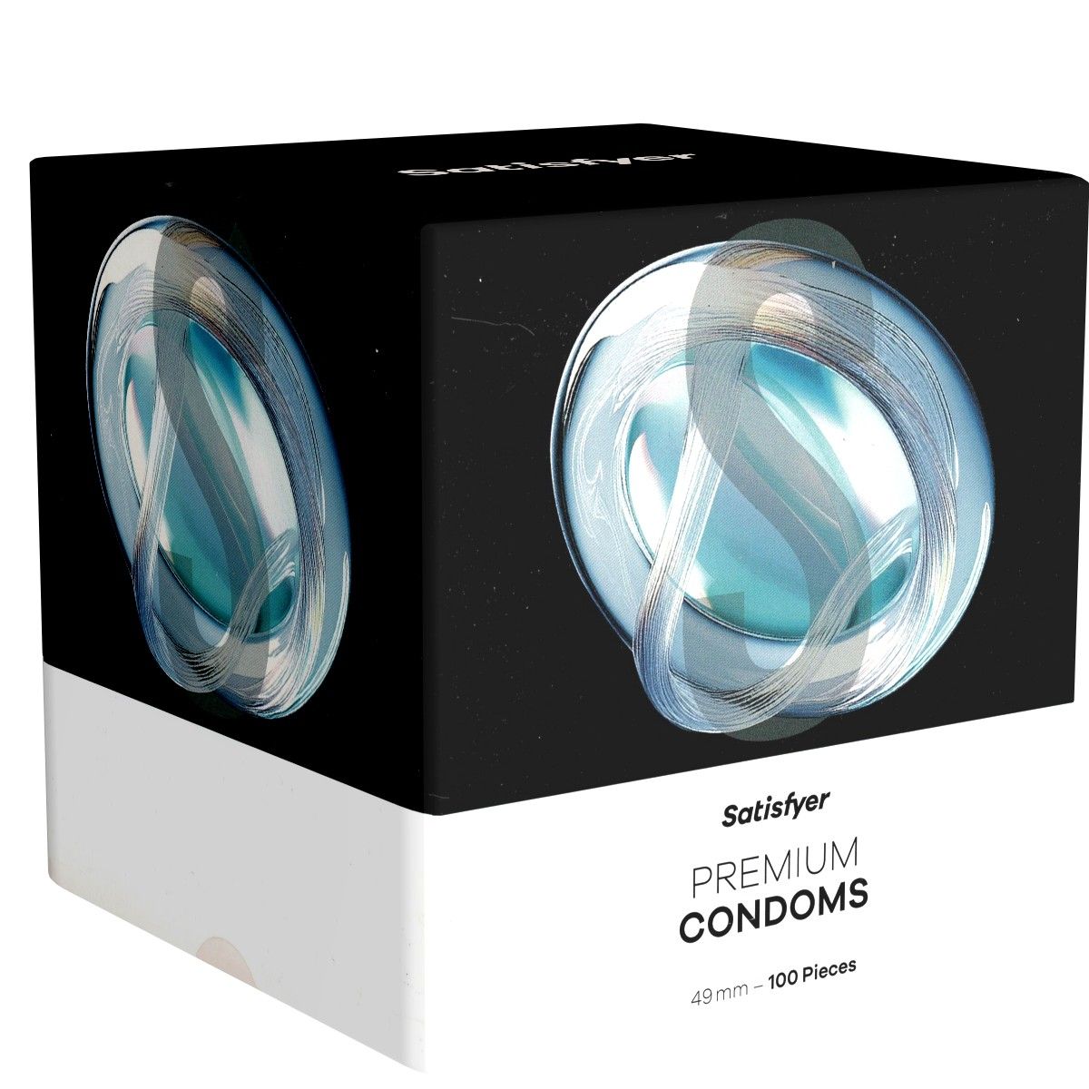 Verpakking van Satisfyer Premium Condoms. Zwart deksel met abstract ontwerp, witte bodem. Tekst: Premium Condoms, 49mm - 100 Pieces.