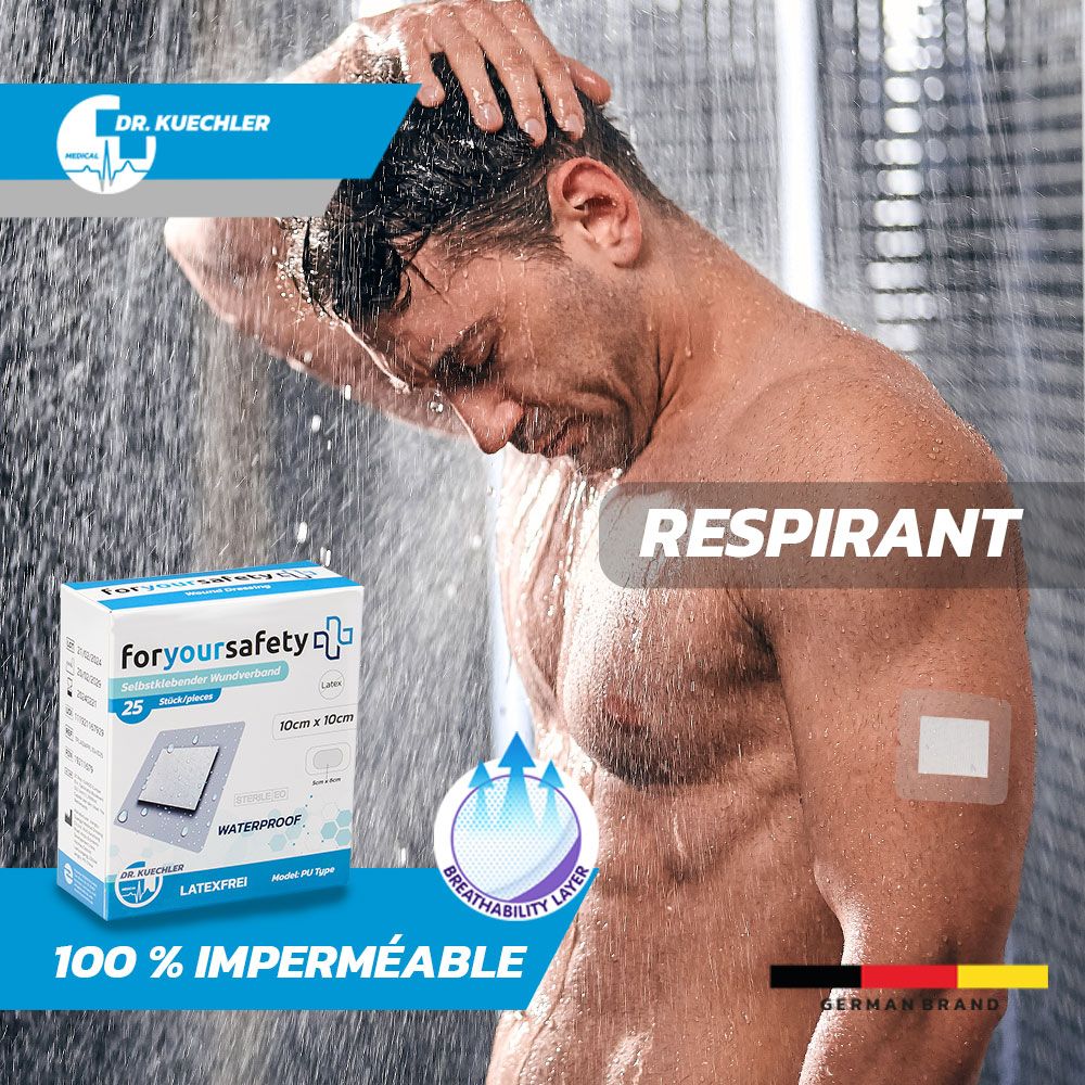 Homme sous la douche avec pansement au bras. Respirant, imperméable. Emballage de pansements.