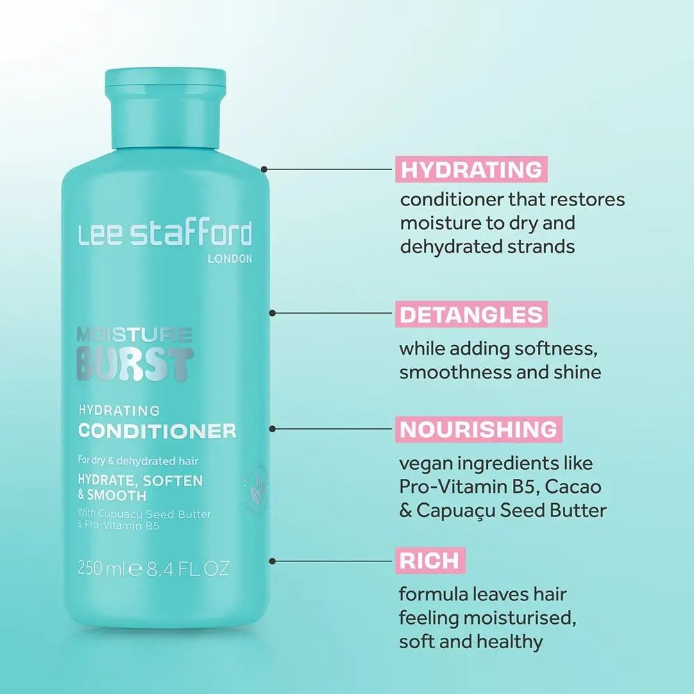 Turquoise fles met witte tekst en tekst. Opschrift: Moisture Burst Hydrating Conditioner. Extra tekst.