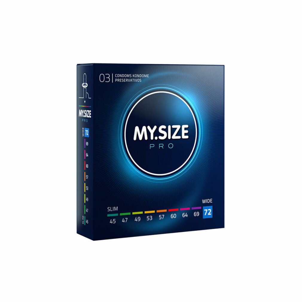 Condoomsverpakking MY.SIZE PRO, maat 72mm. Maten van Slim tot Wide. Zwarte achtergrond met blauw lichteffect. Productnaam.