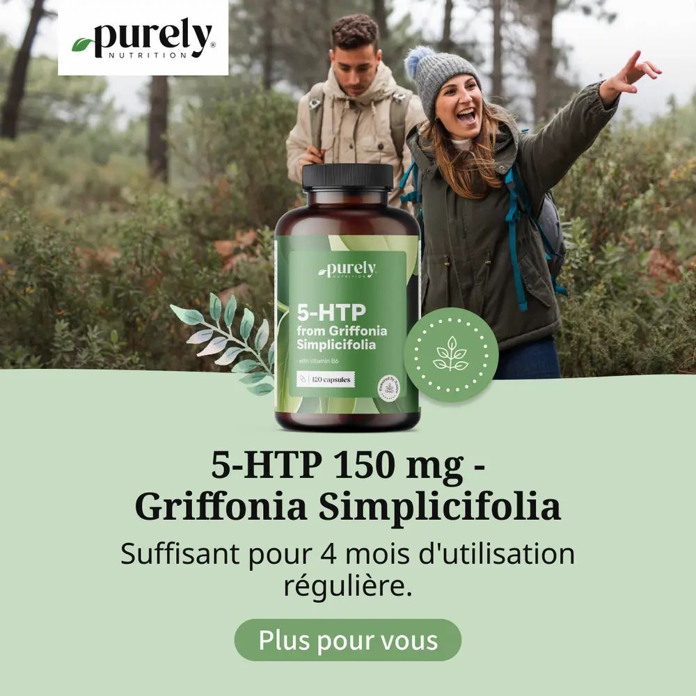 Flacon de 5-HTP de Griffonia Simplicifolia. Texte : 5-HTP 150 mg. Marque : purely nutrition. Fond : personnes en forêt.