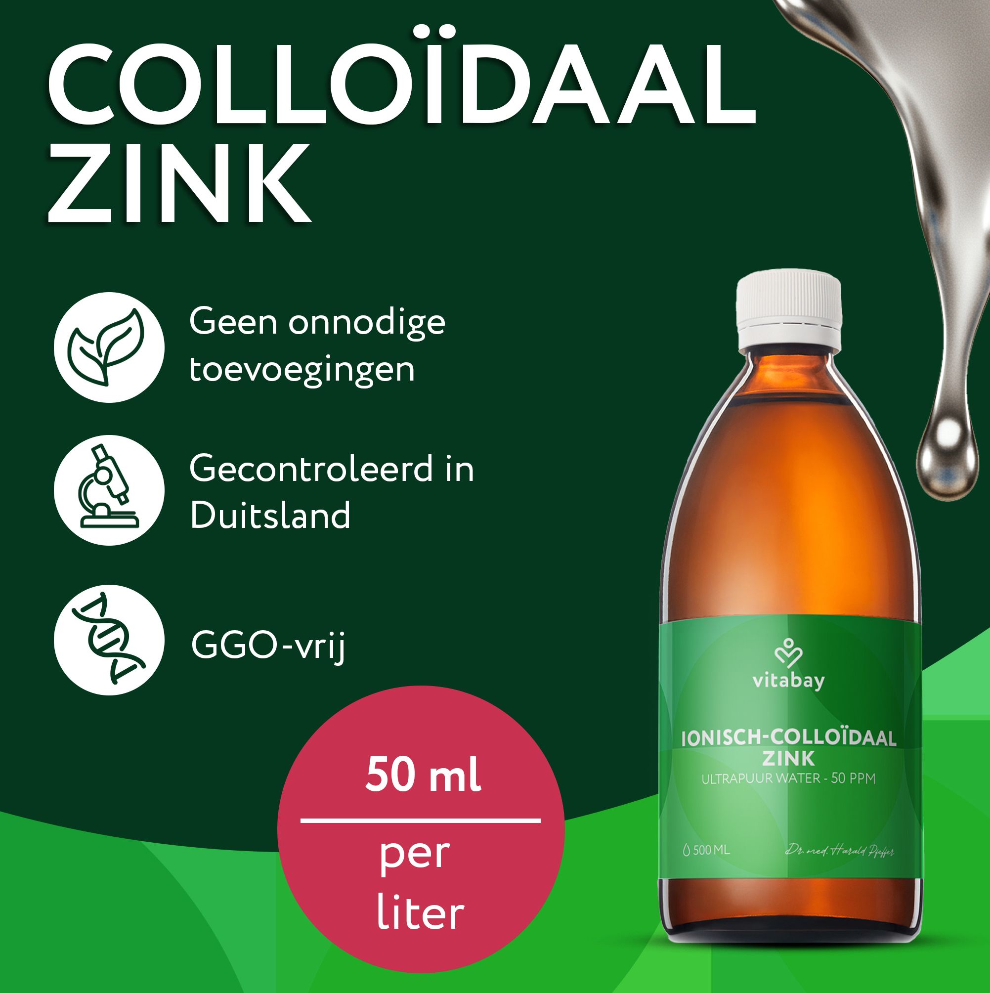 Fles Colloïdaal Zink met iconen: blad, microscoop, DNA. Tekst: "50 ml per liter".