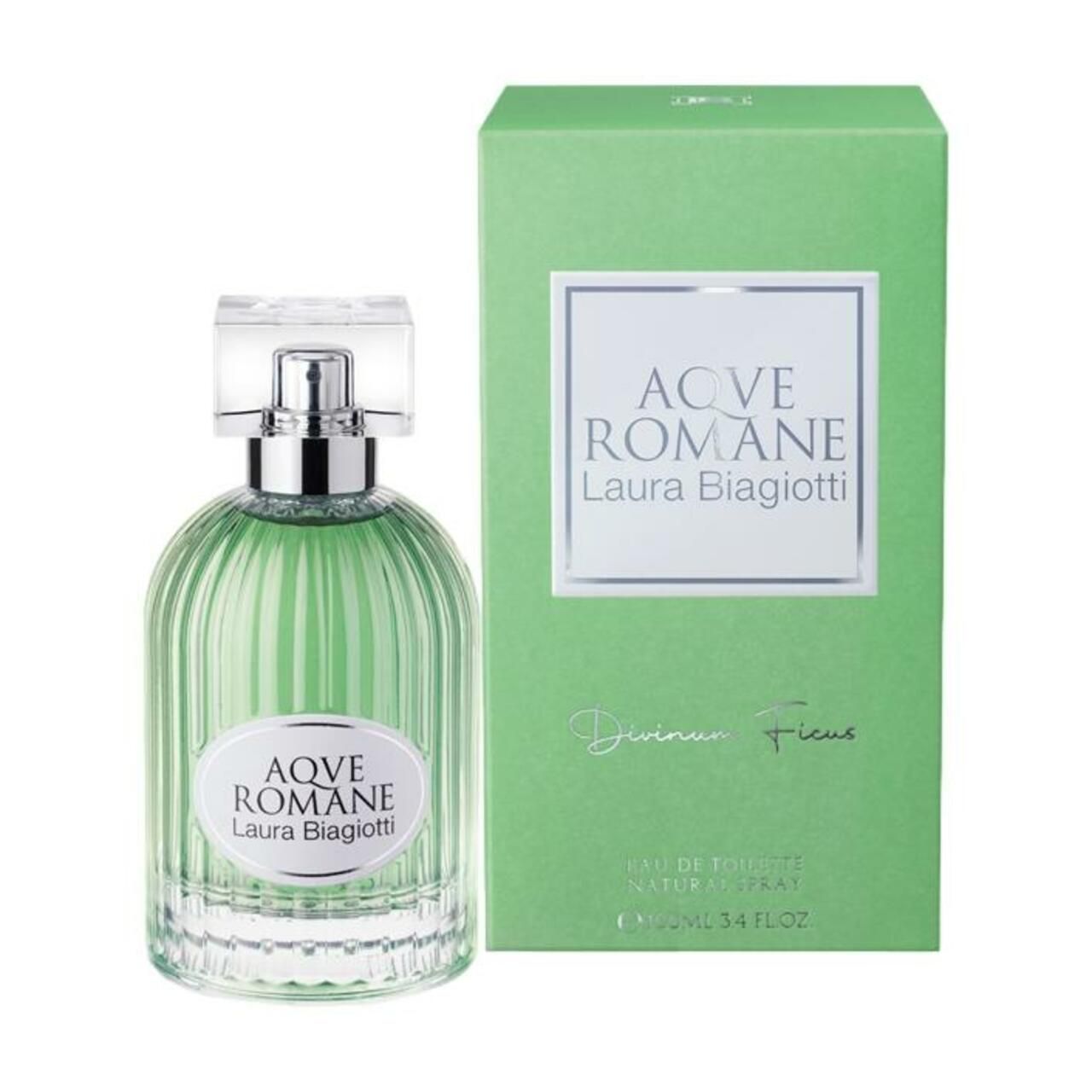 Flacon de parfum vert et emballage vert. L'emballage indique "Aqve Romane Laura Biagiotti".