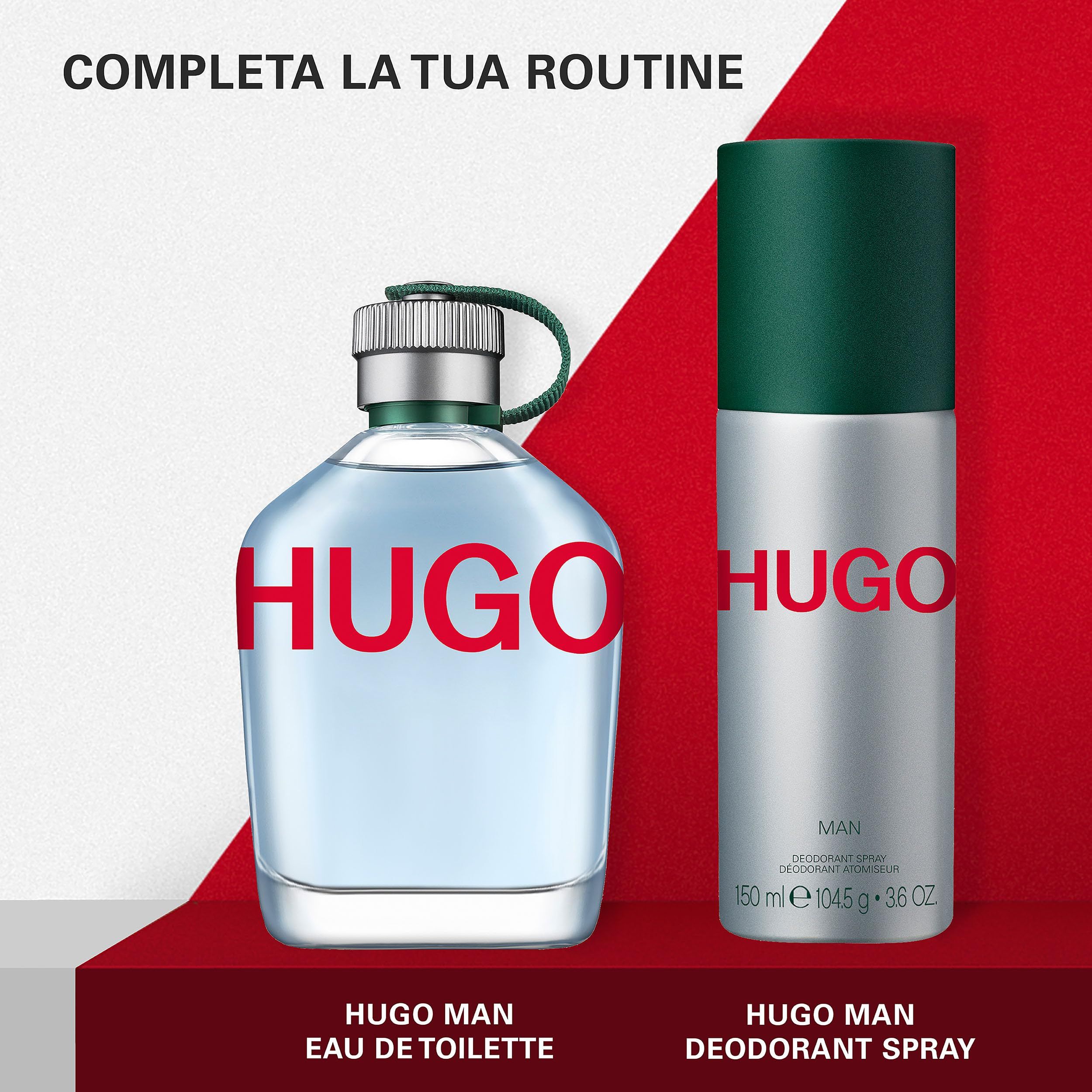 Hugo Eau de Toilette fles op rode "HUGO" letters.