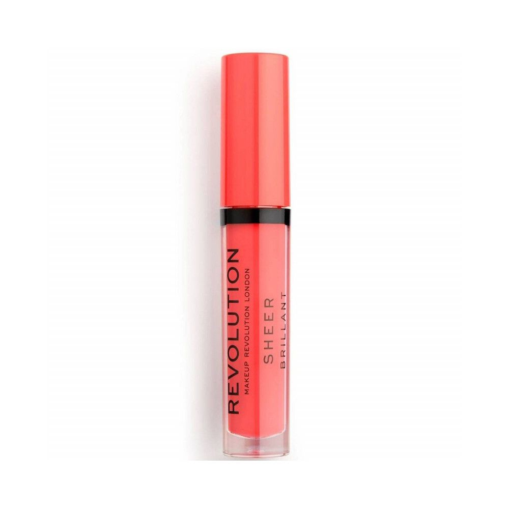 Tube de gloss rouge. Marque: Makeup Revolution. Texte: Sheer Brillant.