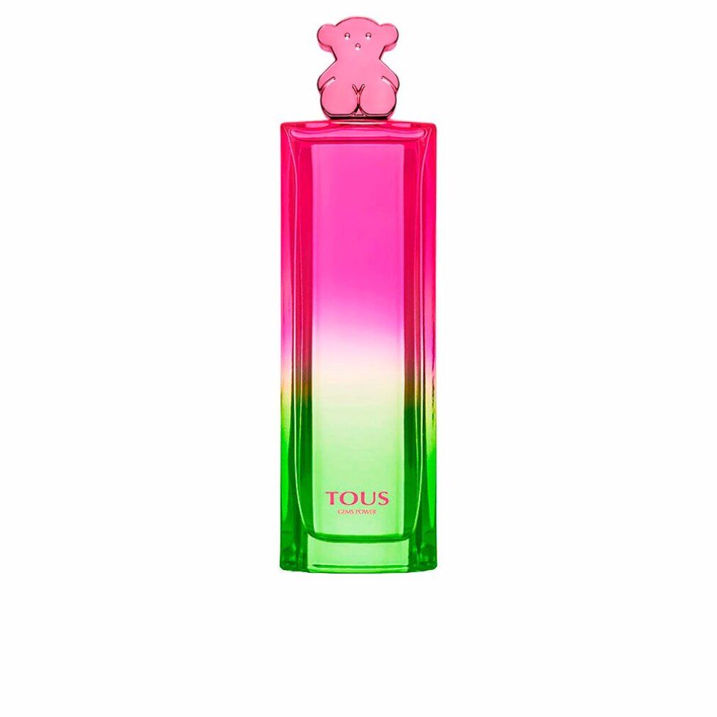 Flacon de parfum haut avec dégradé rose-vert. Bouchon ours rose. Inscription : TOUS GEMS POWER.