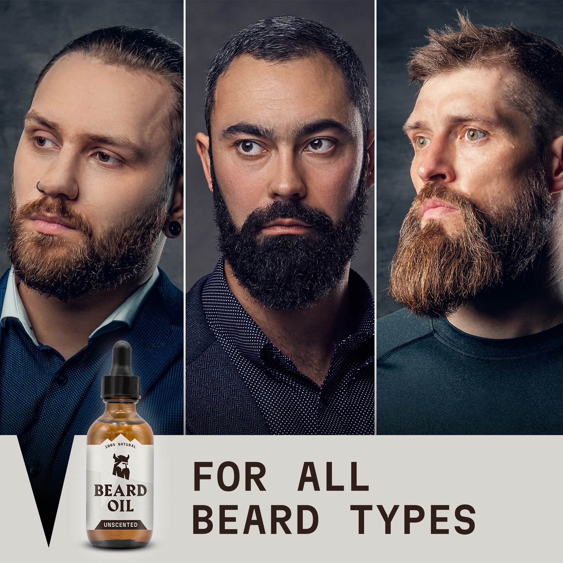 Trois hommes avec différentes barbes, à côté une bouteille d'huile à barbe.