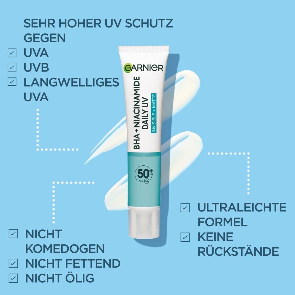 Garnier Hautklar BHA + Niacinamide Daily UV. Tube avec produit. Texte: Très haute protection UV, non comédogène, non gras, non huileux.