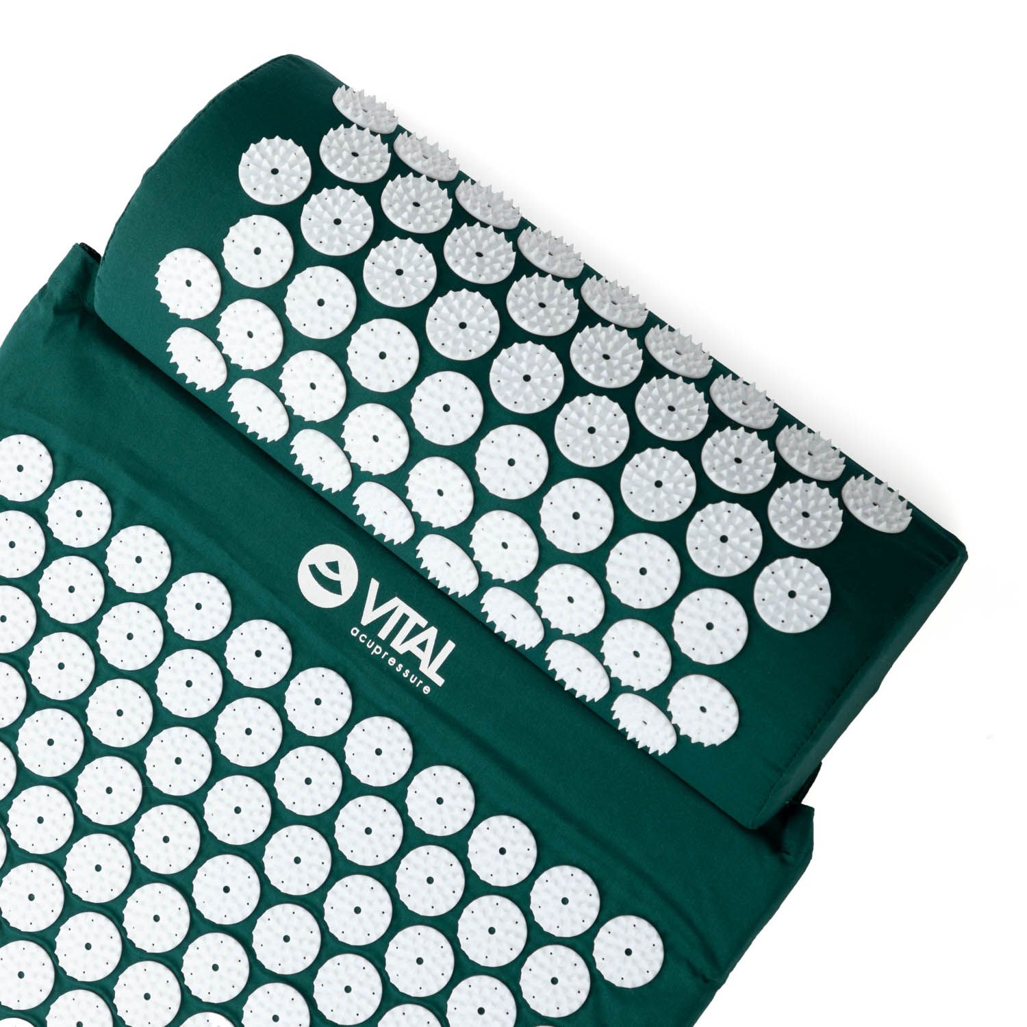 Tapis et coussin d'acupression verts. Picots blancs. Logo VITAL.