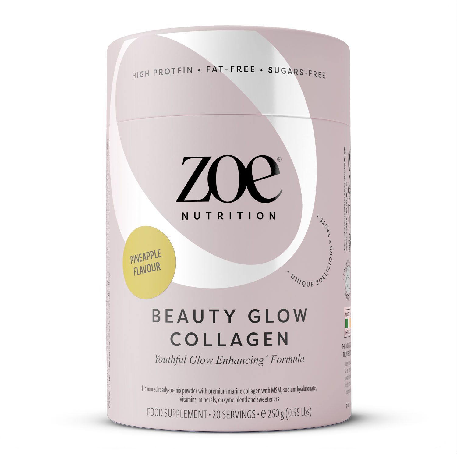 Cilindervormige pot met "zoe"-logo en productnaam "Beauty Glow Collagen". Opschriften: "High Protein", "Fat-Free", "Sugars-Free". Ananassmaak.