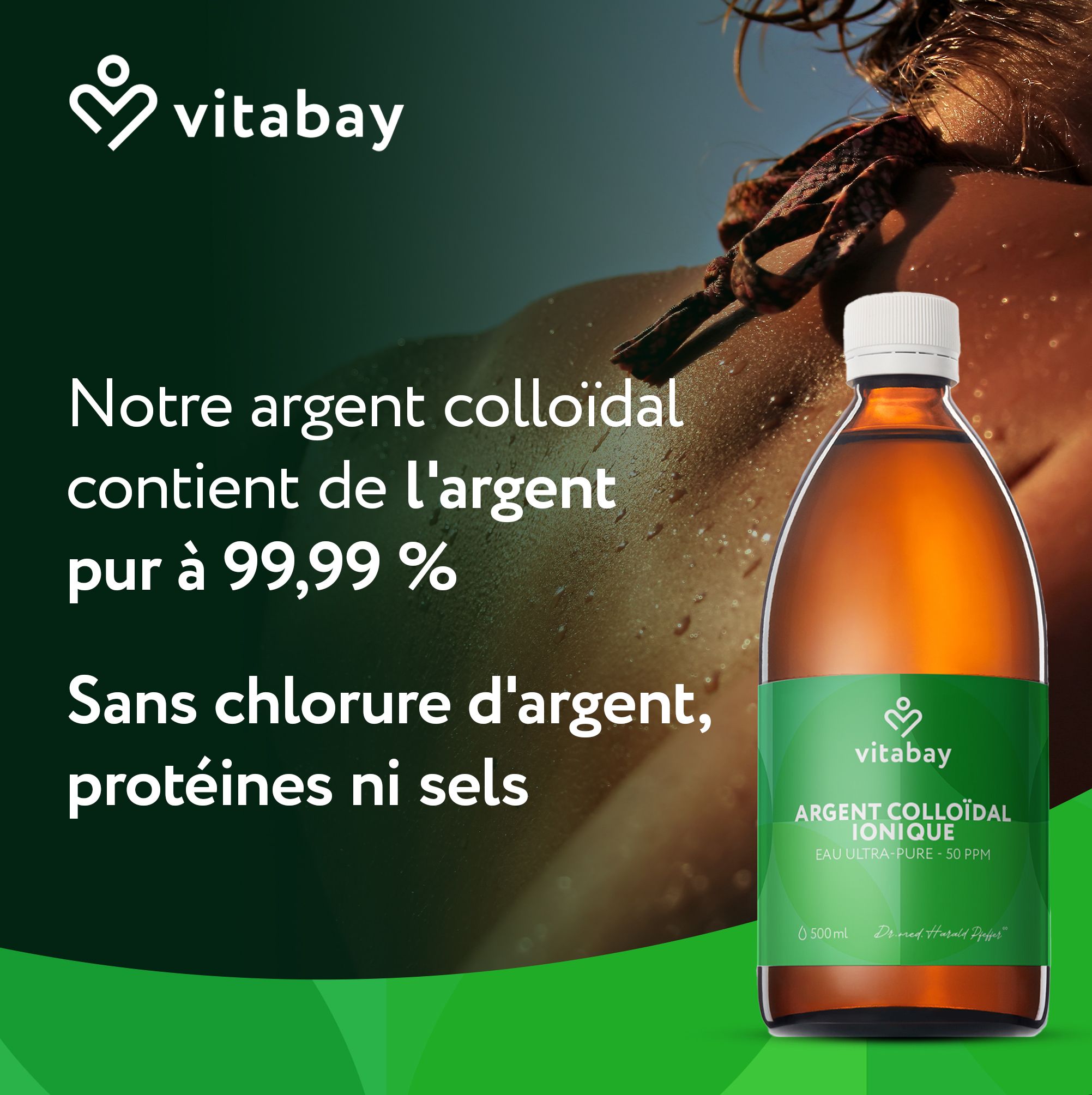 Bouteille en verre brun avec étiquette verte, 500ml. Texte sur les avantages : 99,99% d'argent pur, 50mg d'argent par litre.