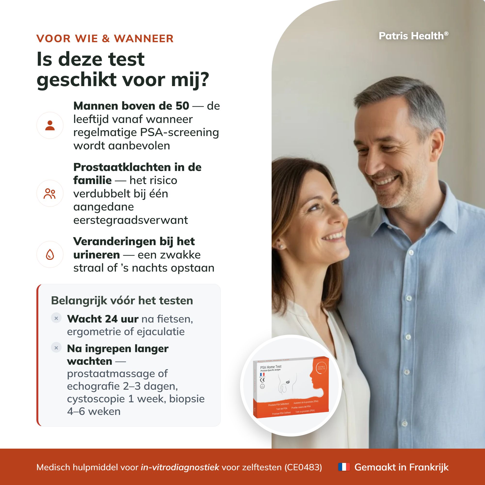 Lachend stel: Voor wie is de PSA zelftest geschikt? Mannen boven 50, familiegeschiedenis.