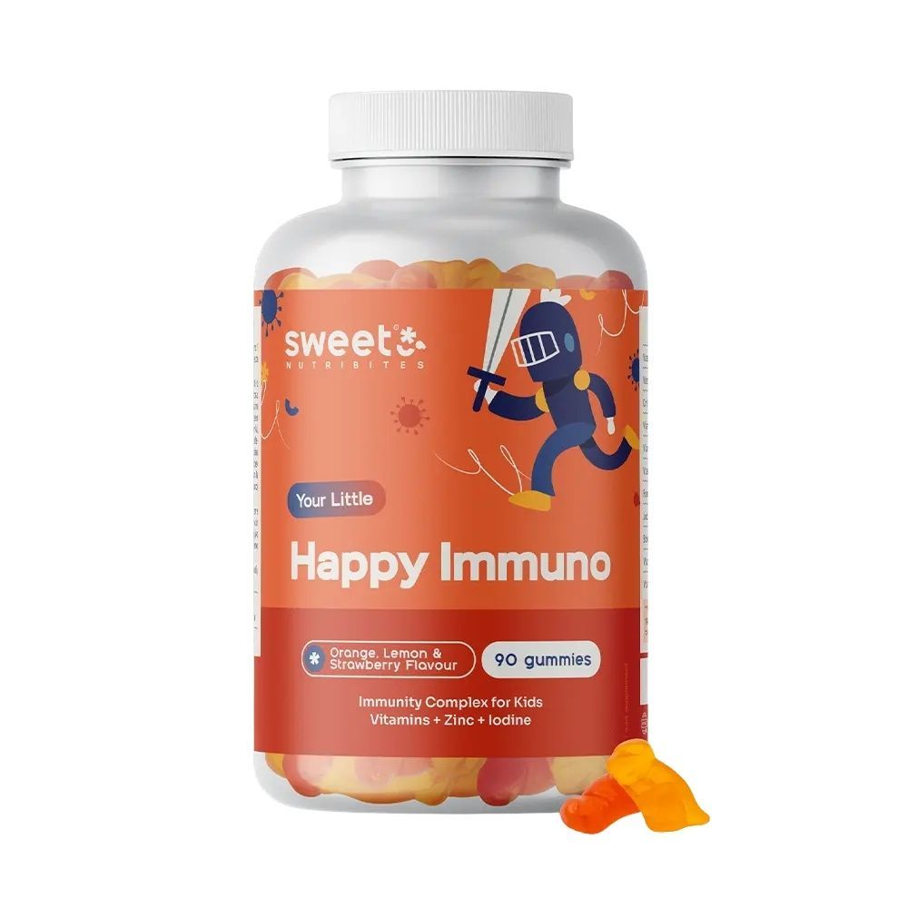 Flacon de Happy Immuno gummies. Inscription: 90 gommes, goût orange, citron et fraise. Contient vitamines, zinc et iode.