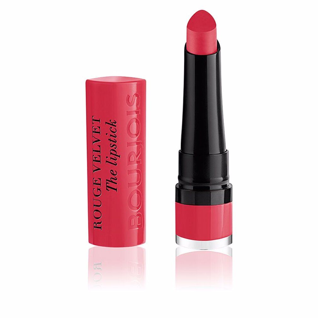 Rouge à lèvres rose vif, avec étui rose. Inscription "ROUGE VELVET The lipstick" et "Bourjois" sur l'étui.