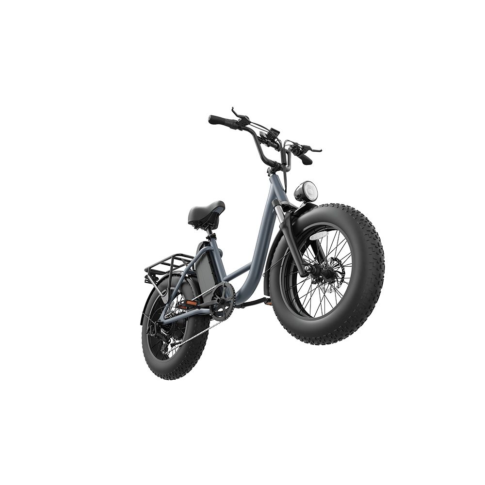 Grijze elektrische fiets met brede banden, bagagerek en koplamp. Zijaanzicht.