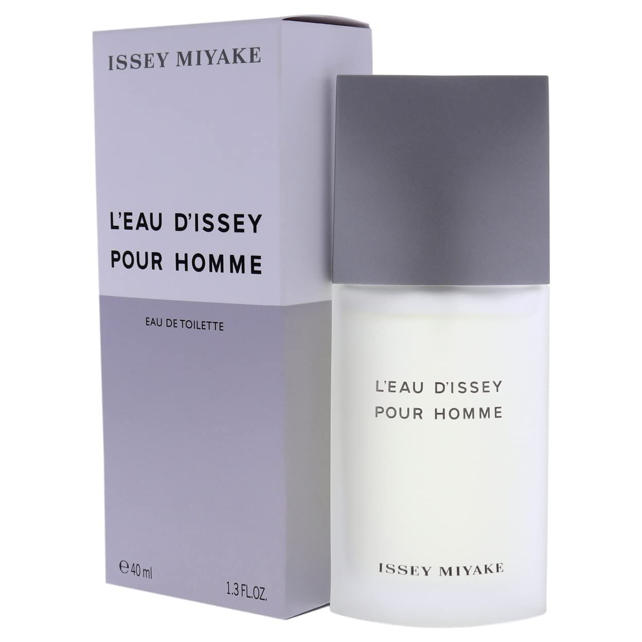 Fles en verpakking. Rechthoekige fles met grijze dop. Wit-paarse verpakking. Opschrift: L'EAU D'ISSEY POUR HOMME en ISSEY MIYAKE.
