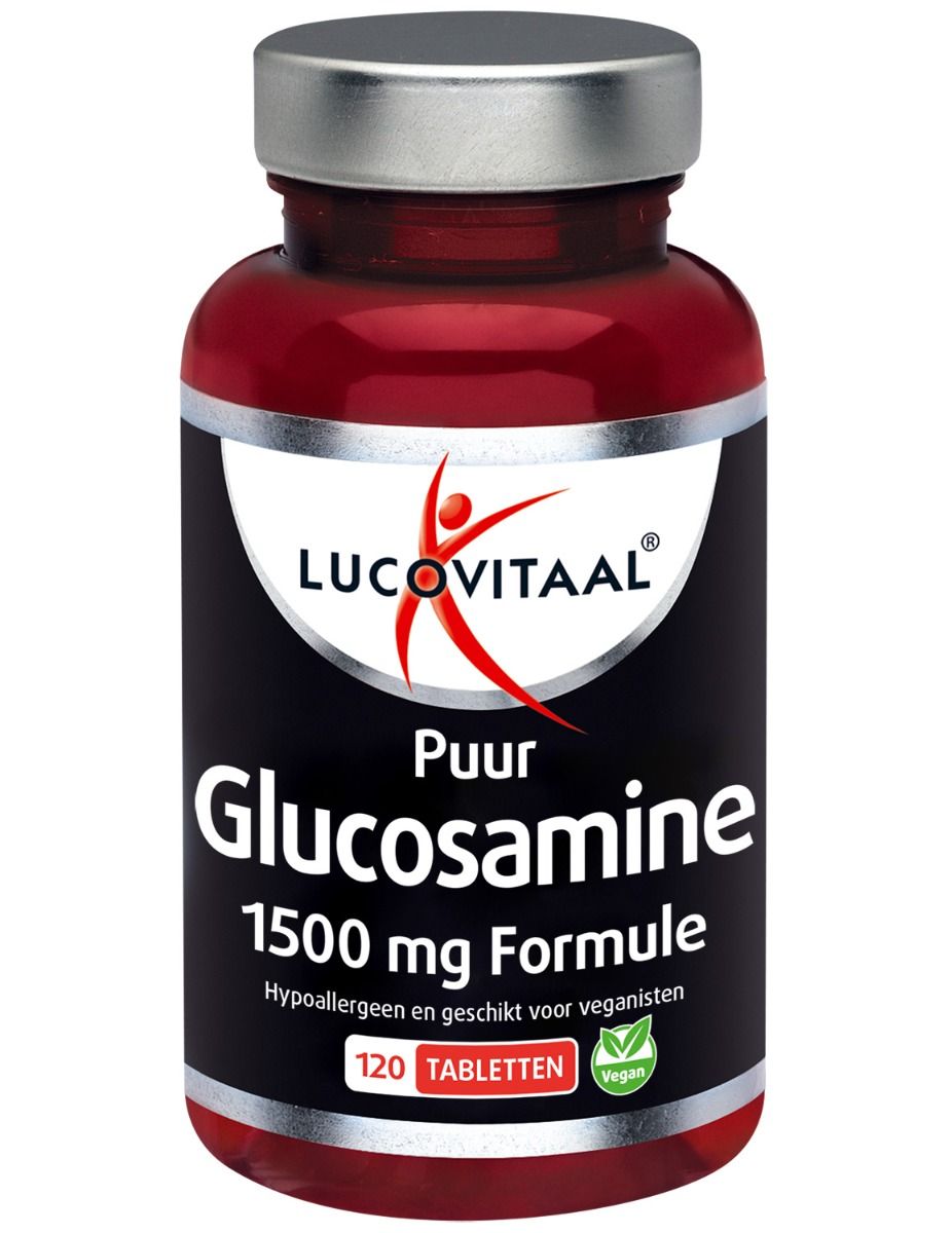 Rode fles met zwart etiket. "Lucovitaal" en "Puur Glucosamine 1500 mg Formule" zijn zichtbaar.