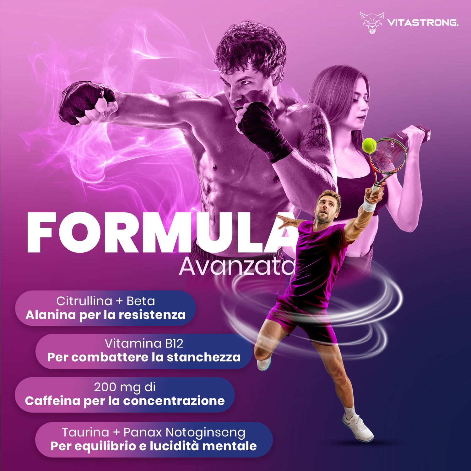 Vitastrong Energy Berries. Formule, athlètes, joueur de tennis, boxeur. Ingrédients: Citrulline, Beta Alanine, Vitamine B12.