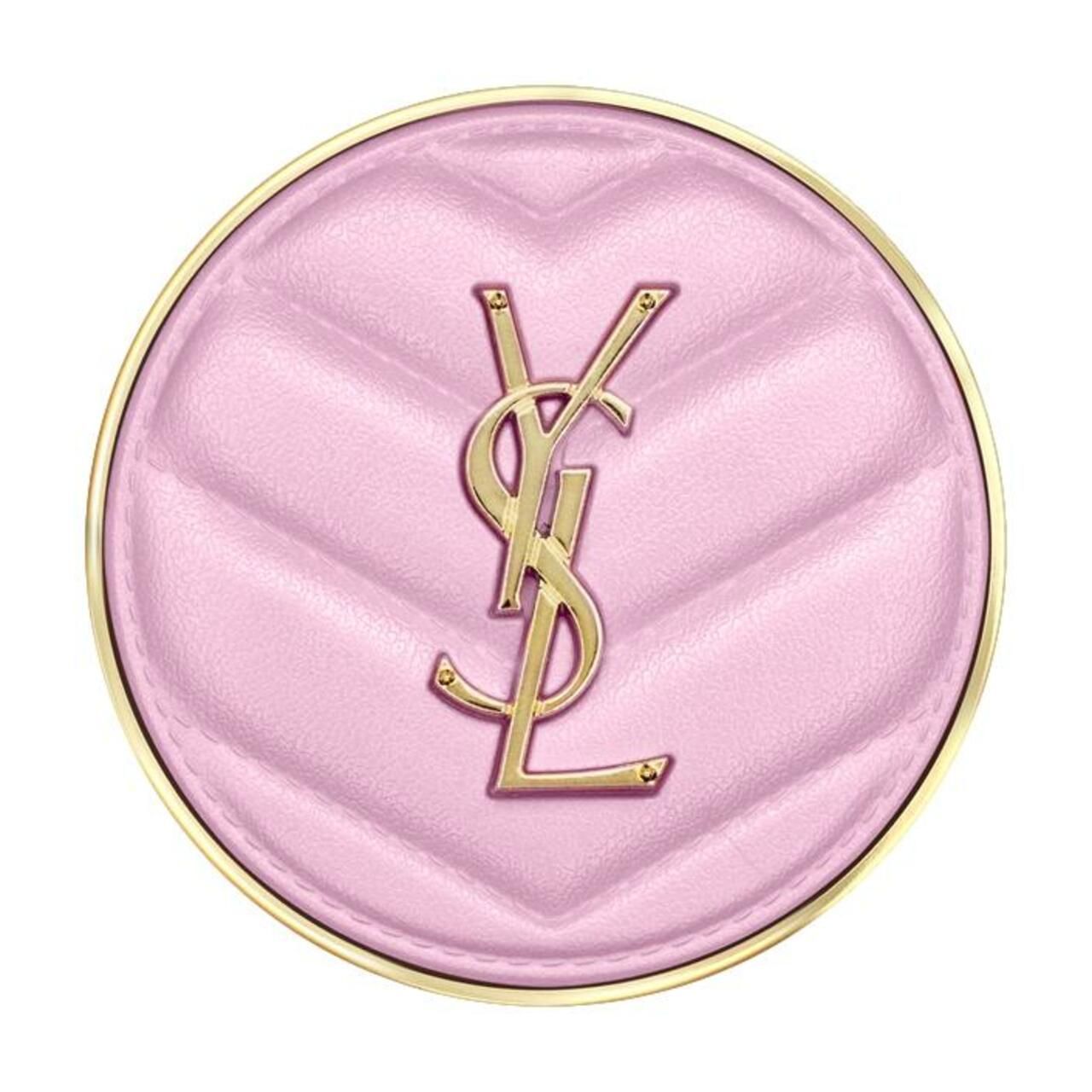 Yves Saint Laurent Make Me Blush rose, rond. Logo et bord dorés. Surface matelassée.