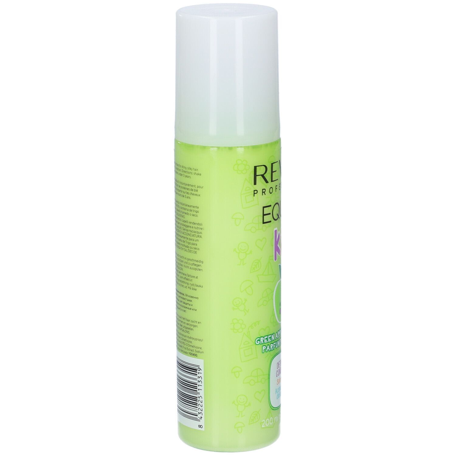 Flacon vert avec bouchon blanc. Texte: Revlon Professional Equave Kids. Démêlant.