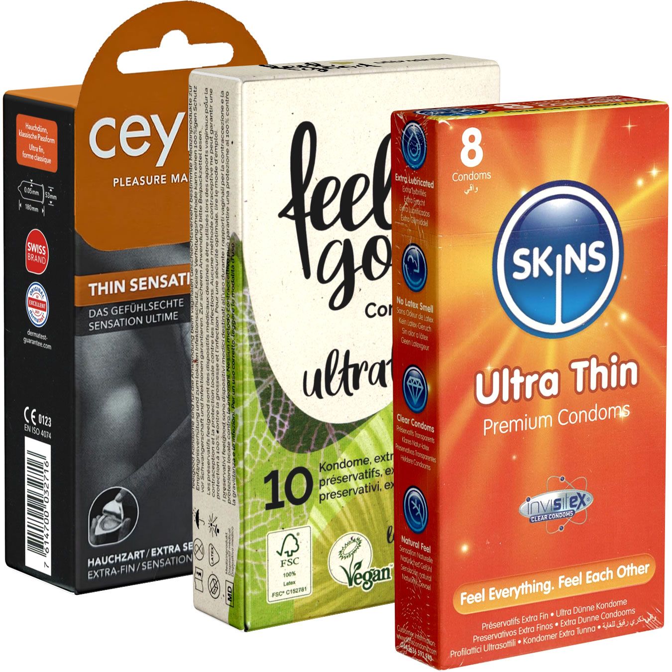 Trois boîtes de préservatifs. Marques : cey, feel good, SKINS. cey : Thin Sensation. feel good : ultra. SKINS : Ultra Thin, 8 préservatifs.