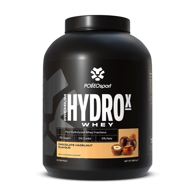 Récipient noir avec couvercle. Inscription HYDROX WHEY, logo POLLEOsport. Informations sur les sucres, glucides et graisses. Saveur chocolat-noisette.