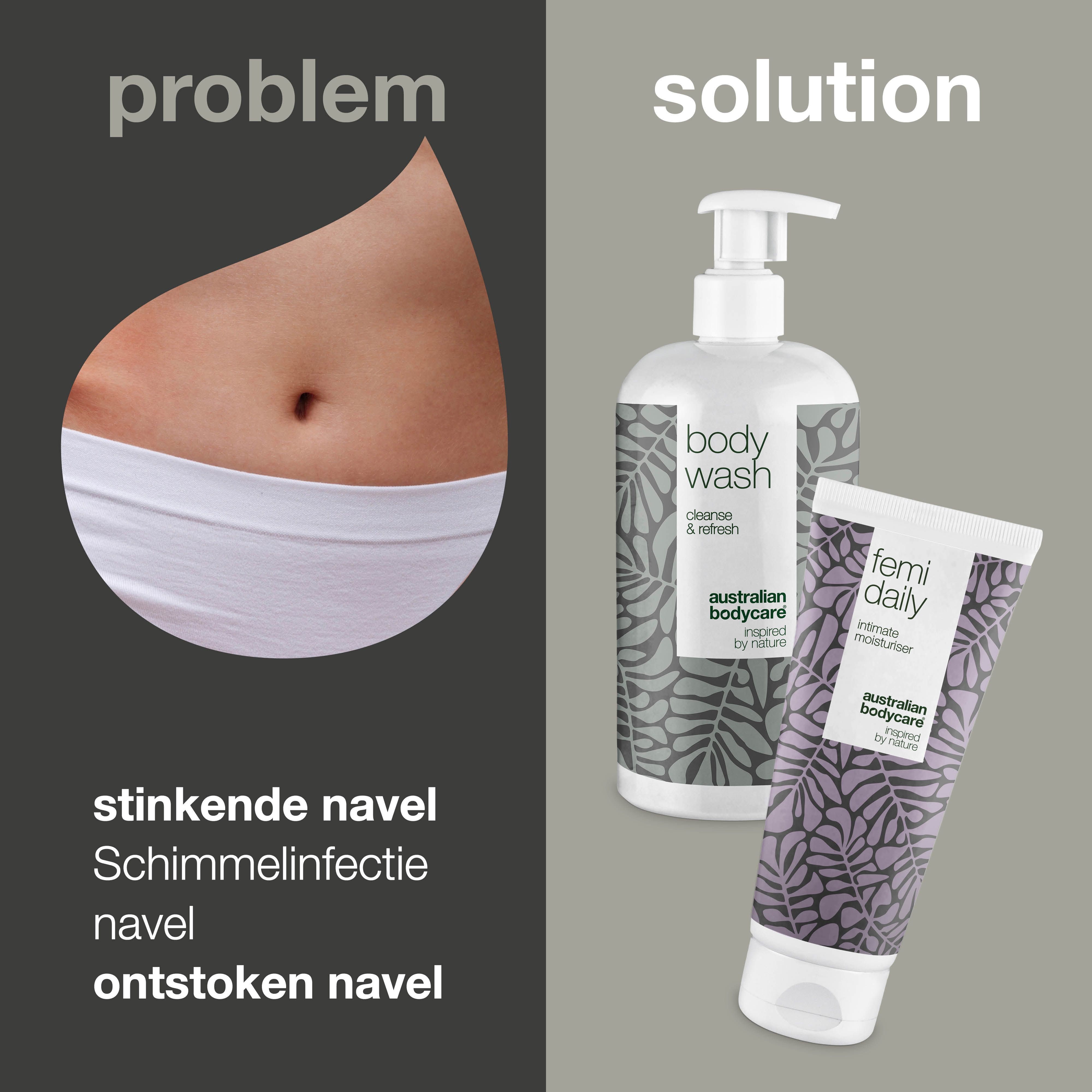 Afbeelding verdeeld in probleem en oplossing. Links: navel. Rechts: body wash en intieme moisturizer.