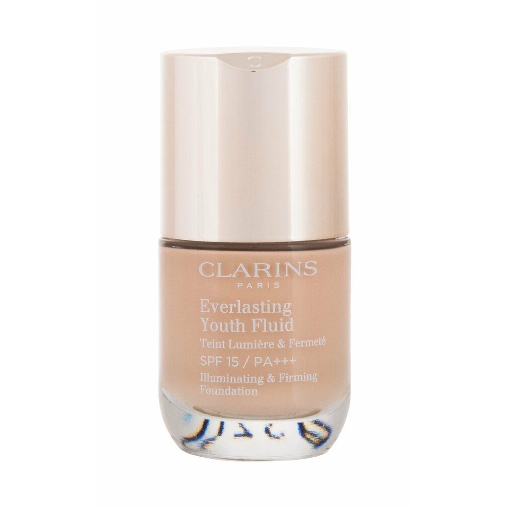 Fond de teint Clarins Everlasting Youth Fluid en flacon de verre avec bouchon doré. SPF 15.