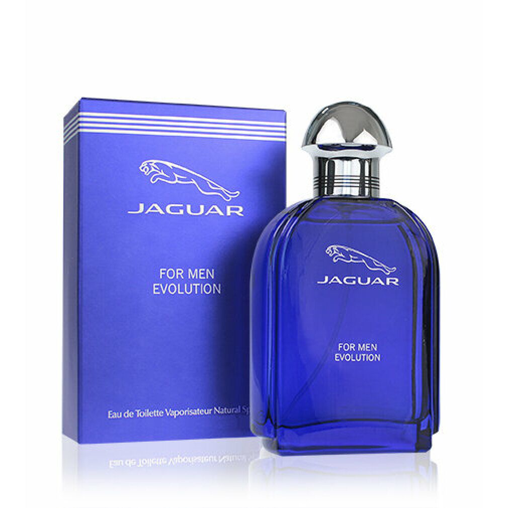 Flacon de parfum bleu avec bouchon argenté et emballage bleu. Inscription: Jaguar, For Men Evolution.