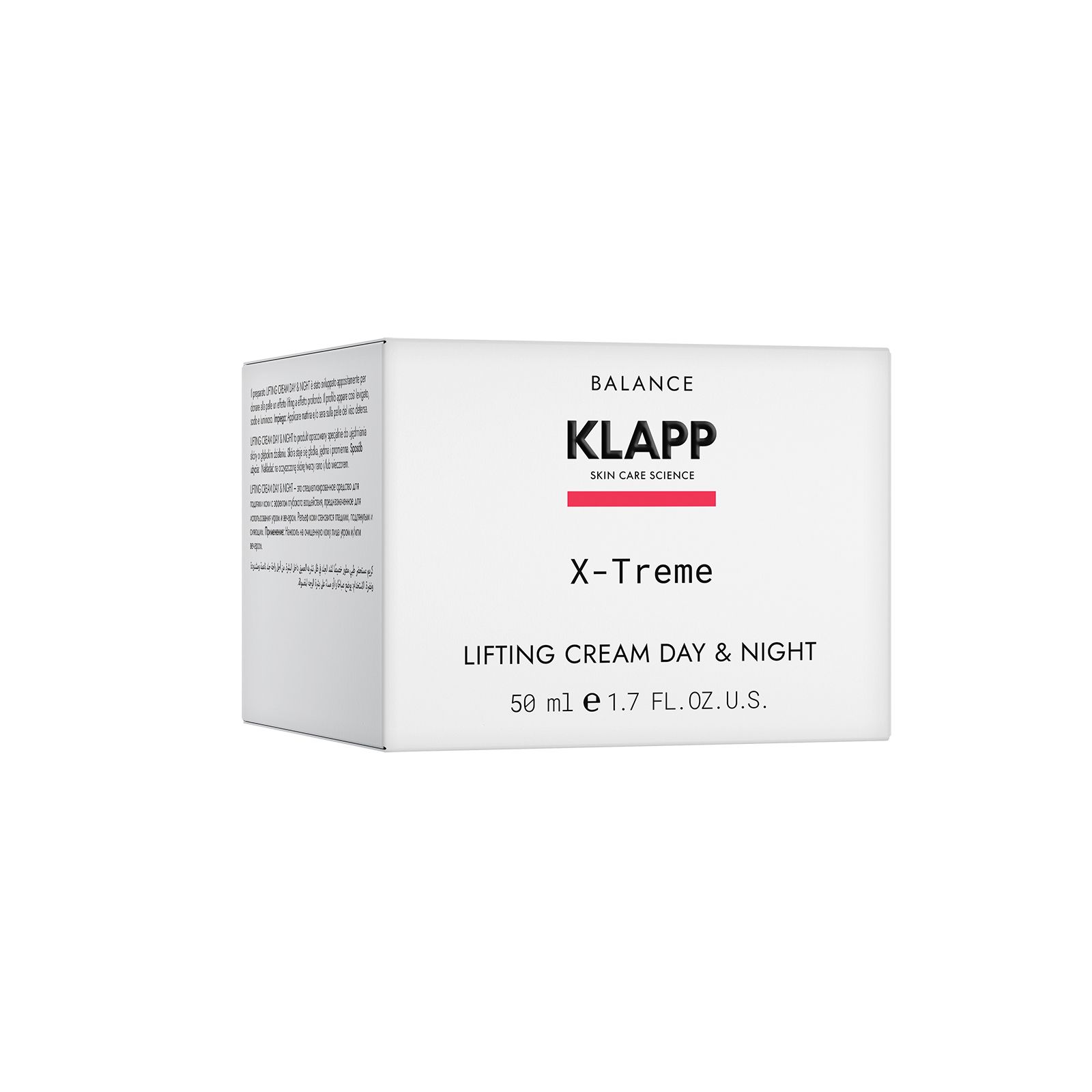 Witte doos met productinformatie. Opschrift: KLAPP, X-Treme, Lifting Cream Day & Night.
