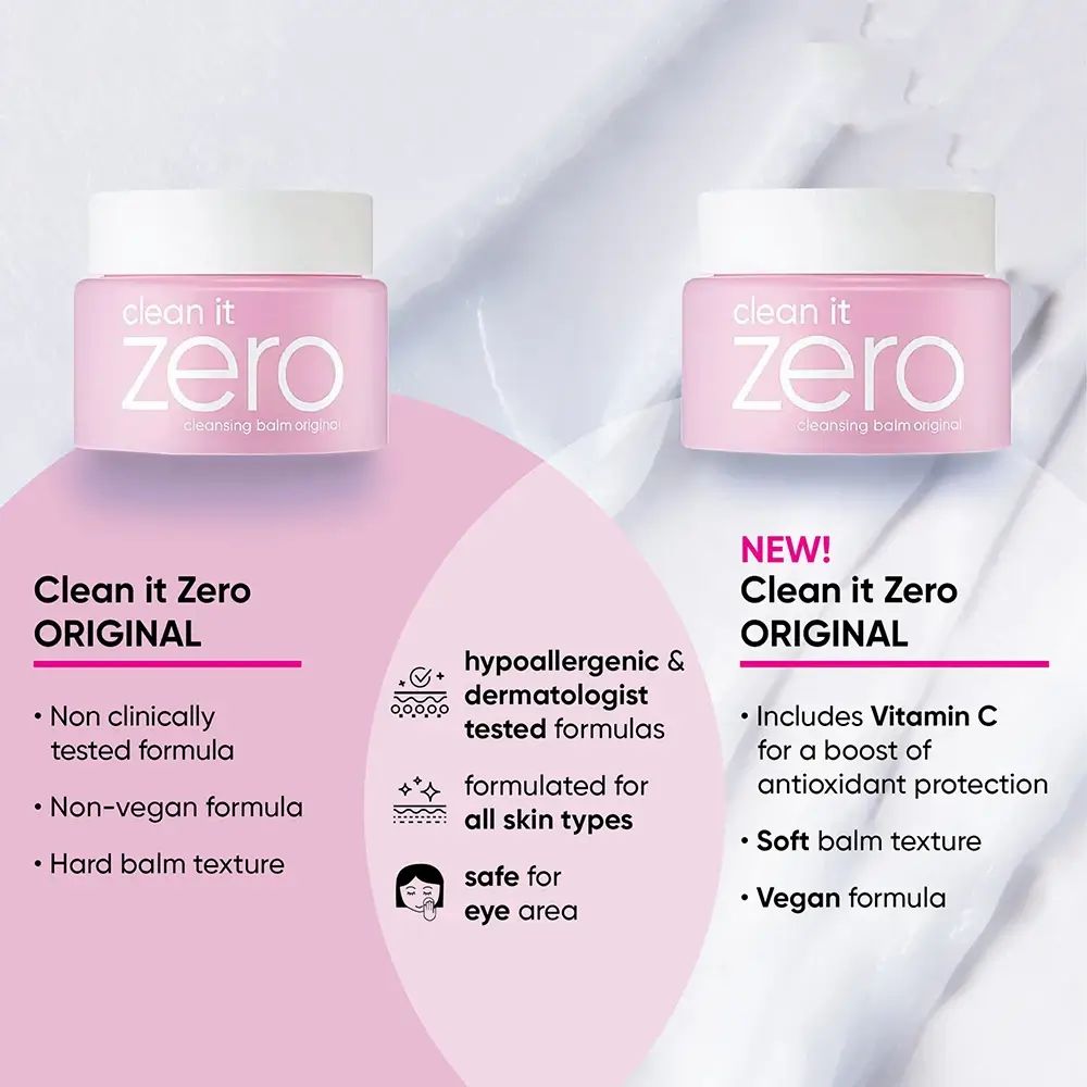 Twee roze potten met witte deksel. Opschrift "clean it zero". Tekst: "ORIGINAL", "Non clinically tested formula", "Non-vegan formula".
