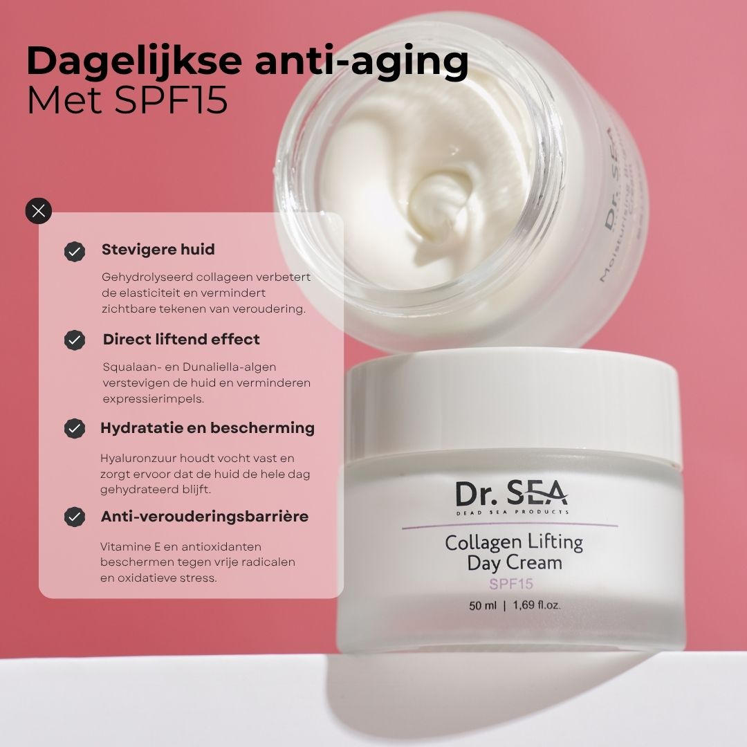 Crèmepot en open pot. Tekst: Dagelijkse anti-aging met SPF15. Productnaam: Collagen Lifting Day Cream.