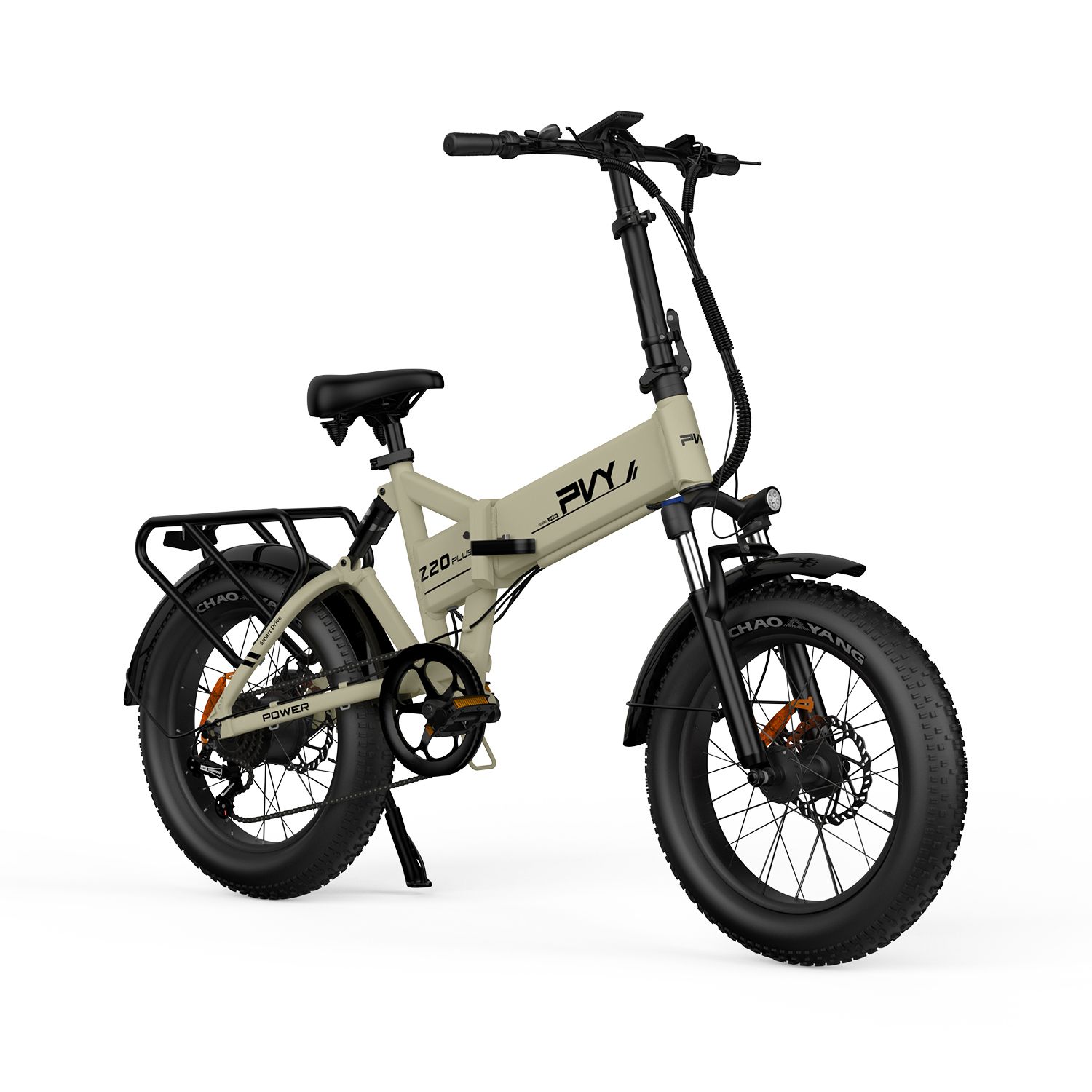 Beige elektrische fiets met zwarte banden en bagagedrager. PVY Z20 Plus is zichtbaar op het frame.